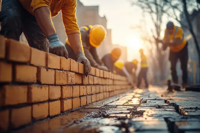 Construction workers laying bricks in a line at sunset on a damp street