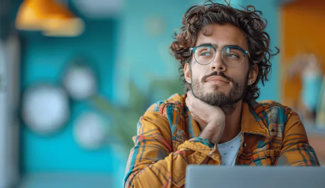 Curly-haired entrepreneur studying on laptop at desk with thoughtful expression