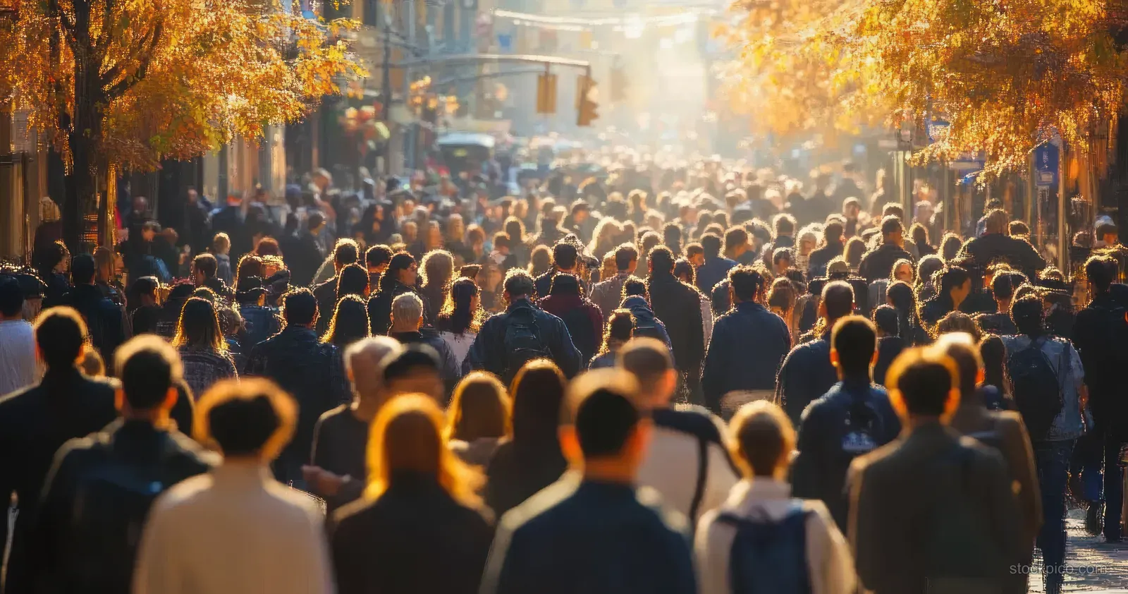 A dense crowd of commuters walks down a busy city street with warm backlit sunlight behind them.