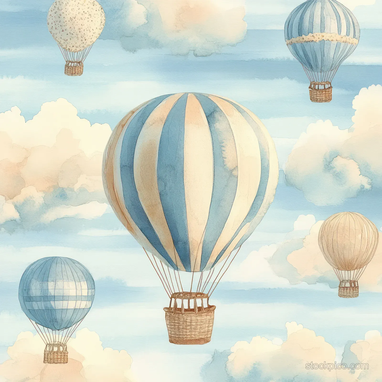 Seamless watercolor pattern of hot air balloons floating through pastel clouds with small stars and rainbow details.