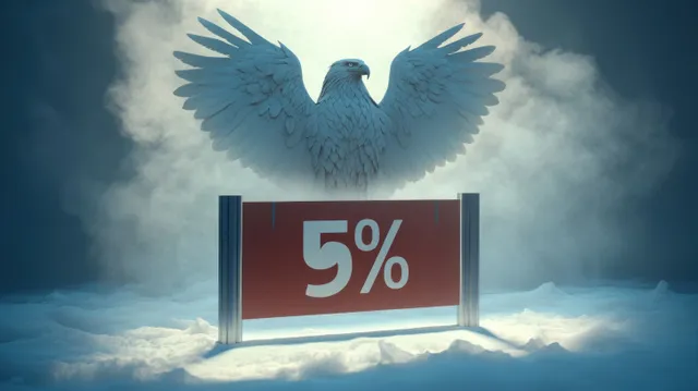 Dove-wing symbol above a 5% hurdle sign in misty election-themed clouds