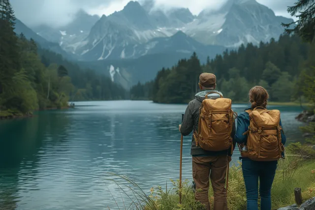 An active senior couple hikes along a grassy mountain-lake shore with backpacks, facing misty peaks.