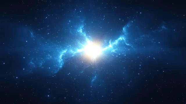 A radiant blue starburst glows within swirling cosmic clouds and scattered twinkling stars in deep space.