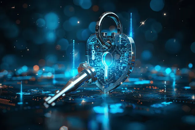 Cyber padlock with magnifying glass over glowing blue network data