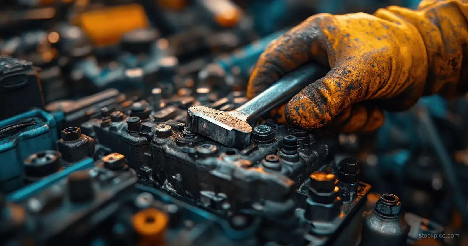 A gloved mechanic uses a tool to work on engine parts in a garage.