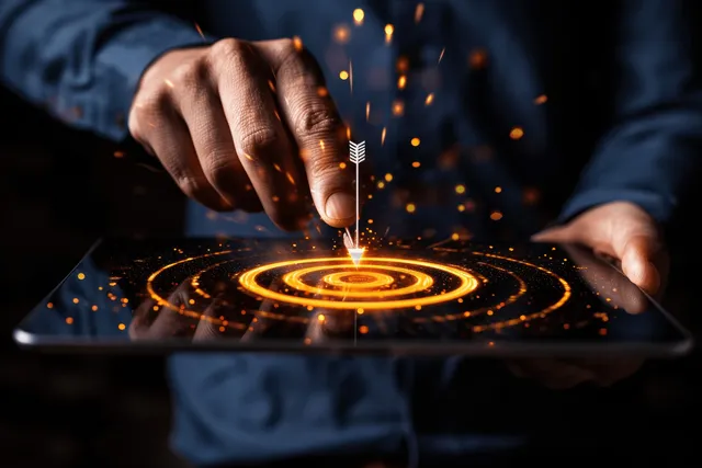 A person taps a tablet showing a glowing target graphic as sparks float in a dark setting.