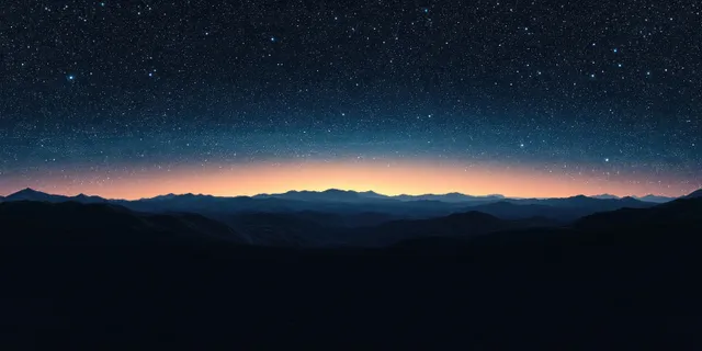 Starry night sky above dark mountain ridges with a blue-to-orange twilight gradient and faint cosmic glow.