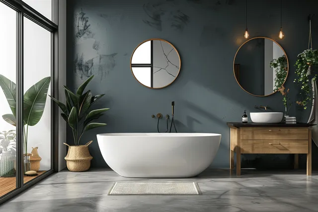 Modern bathroom interior with freestanding bathtub, round mirrors, wooden vanity, pendant lights, and indoor plants by a window.