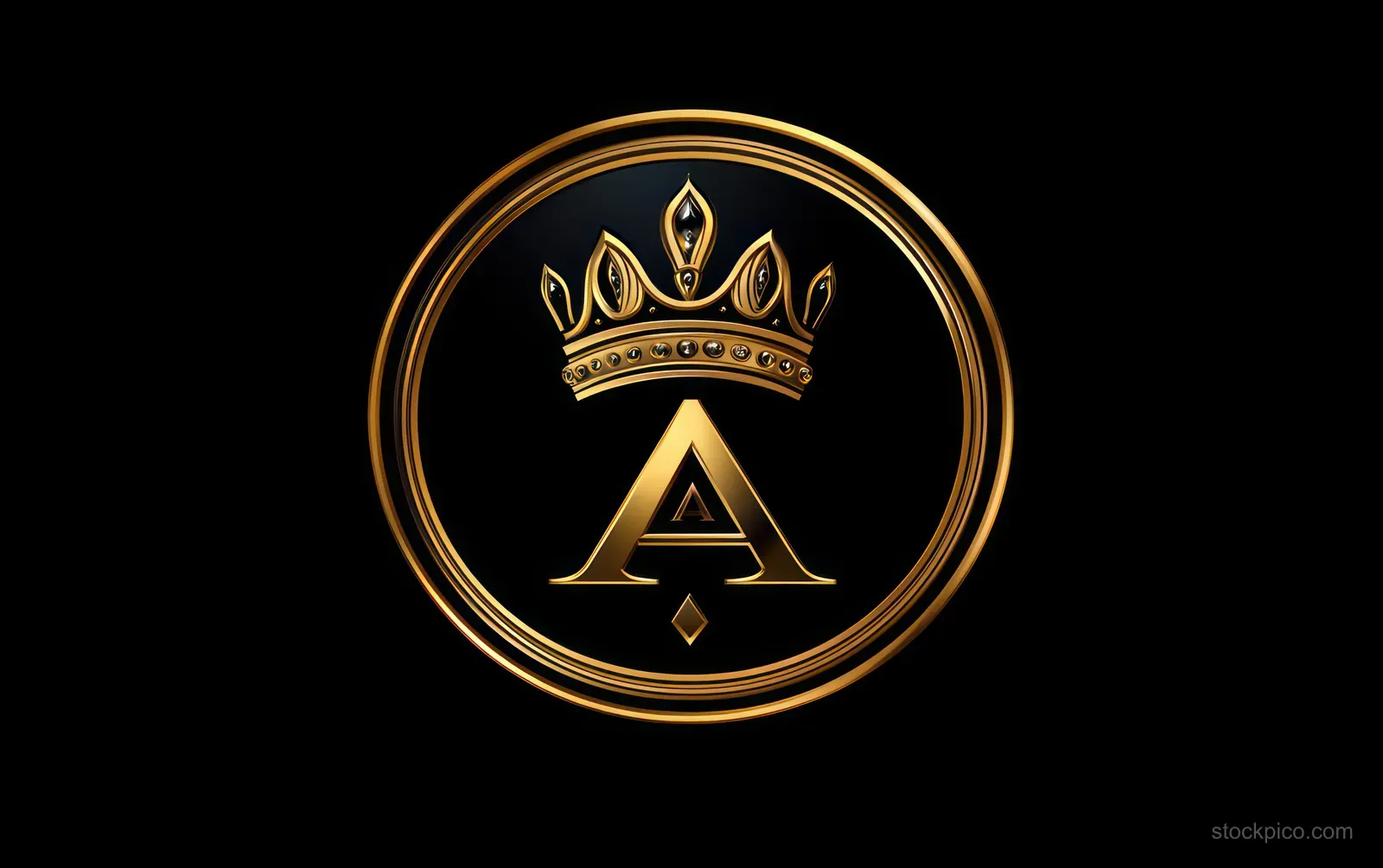 Golden crown above a stylized letter A inside a circular gold frame on a black background.