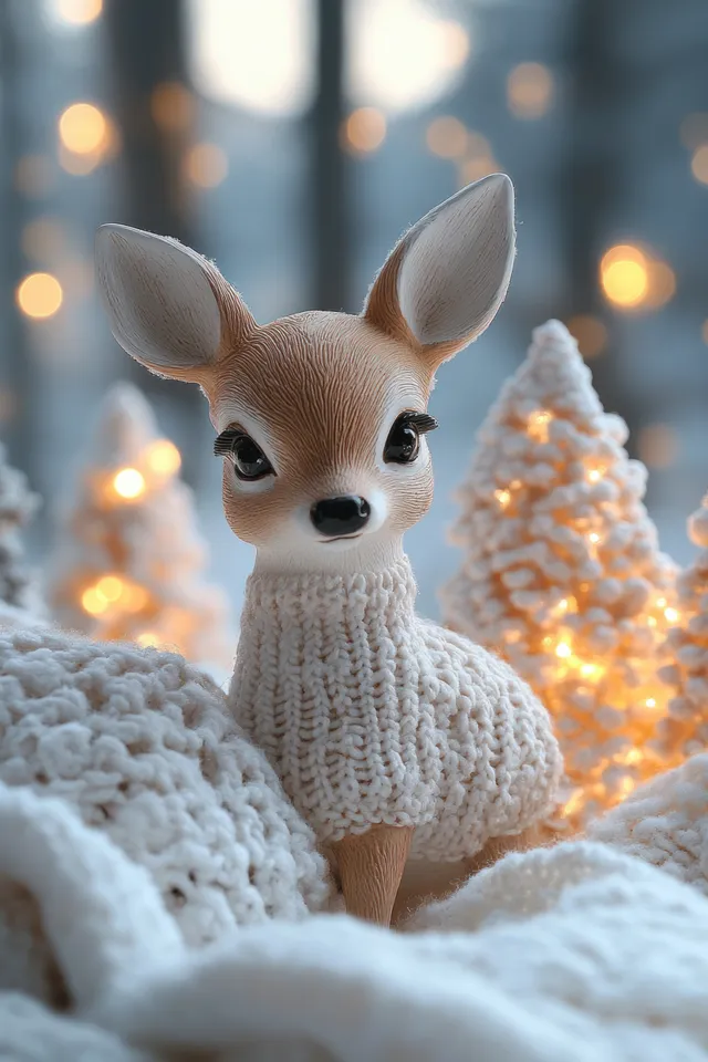 A small Chihuahua puppy in a knit sweater sits in snowy decor with softly glowing Christmas tree lights.