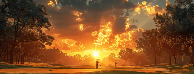 Golfer in mid-swing on a golf fairway at sunset with bright golden sunlight and dramatic clouds.