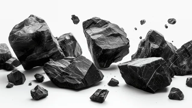 Black coal rocks float mid-explosion, surrounded by scattered charcoal dust on a white background.