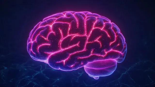 Neon brain illustration glowing pink and purple with neural network lines on dark background