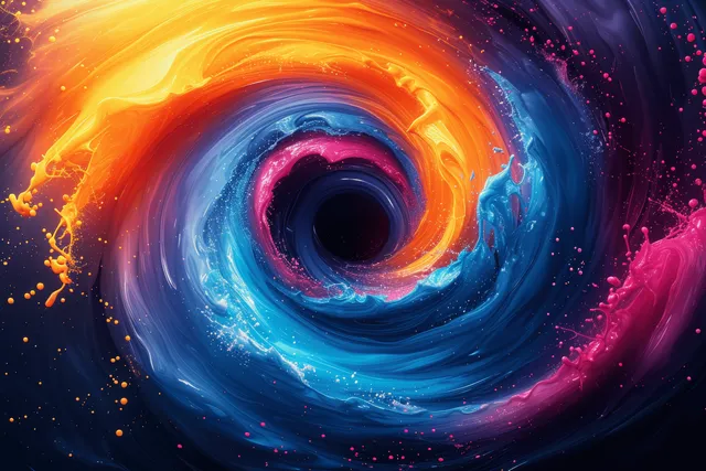 Colorful vortex swirl with paint splash streaks, cartoon brush texture background