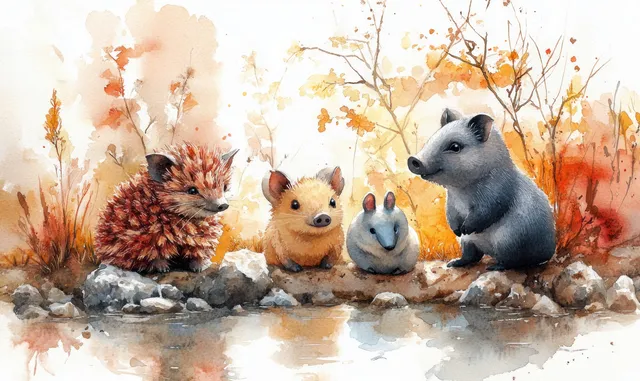 Watercolor zoo animals by a creek—pangolin, hedgehog, wombat and polar bear in soft splashes