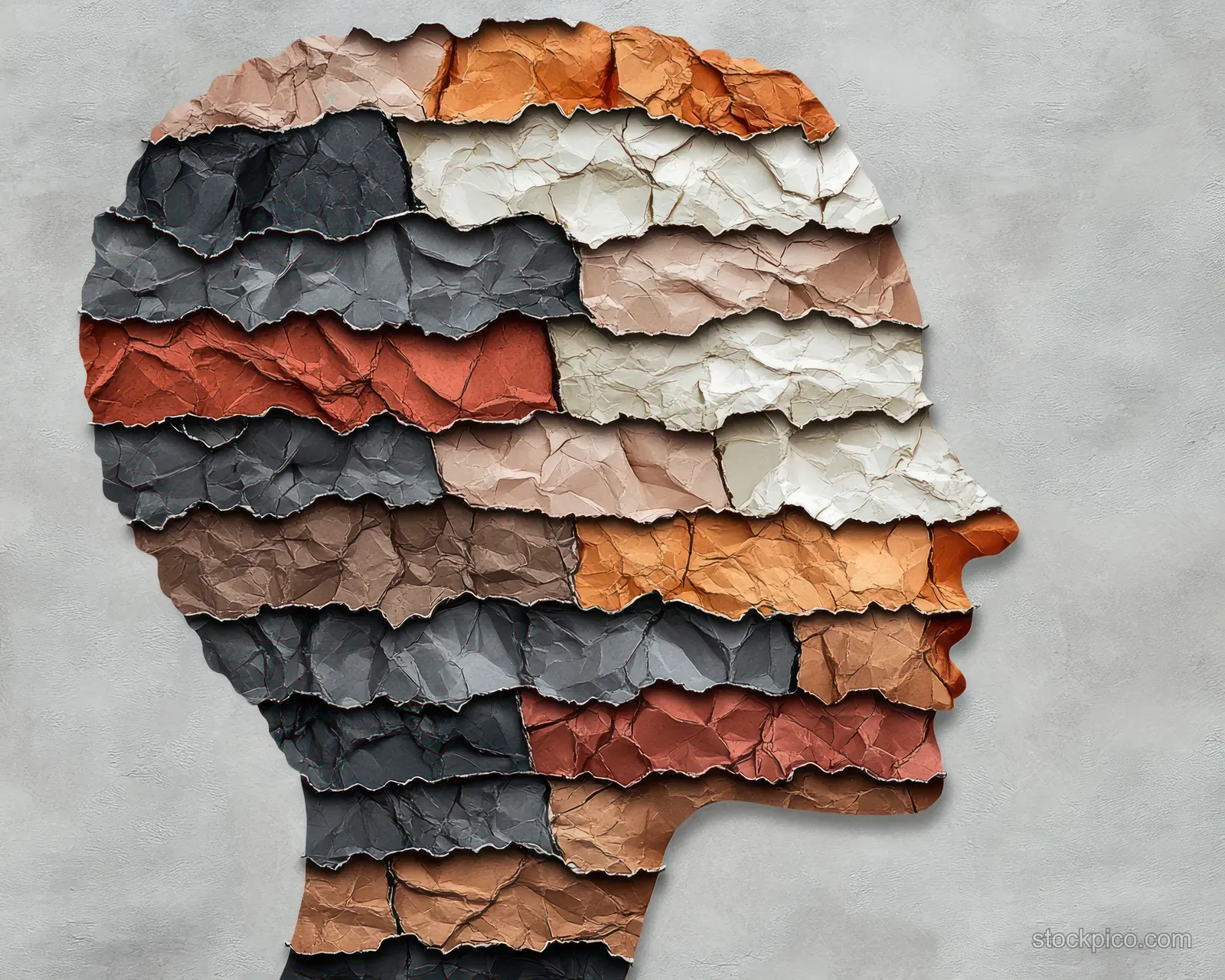 Abstract paper profile silhouette made from layered textured strips in warm brown and gray tones.