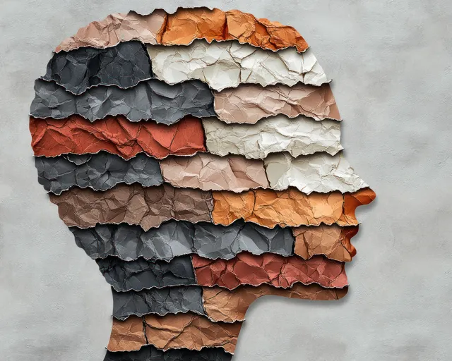 Abstract paper profile silhouette made from layered textured strips in warm brown and gray tones.