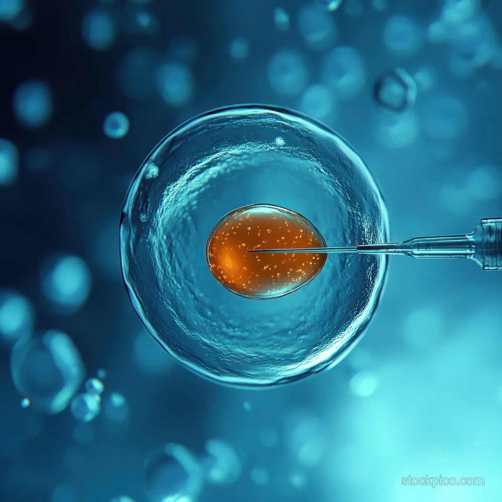 A micro-needle injects a glowing orange droplet into a cell-like sphere in a blue laboratory close-up.