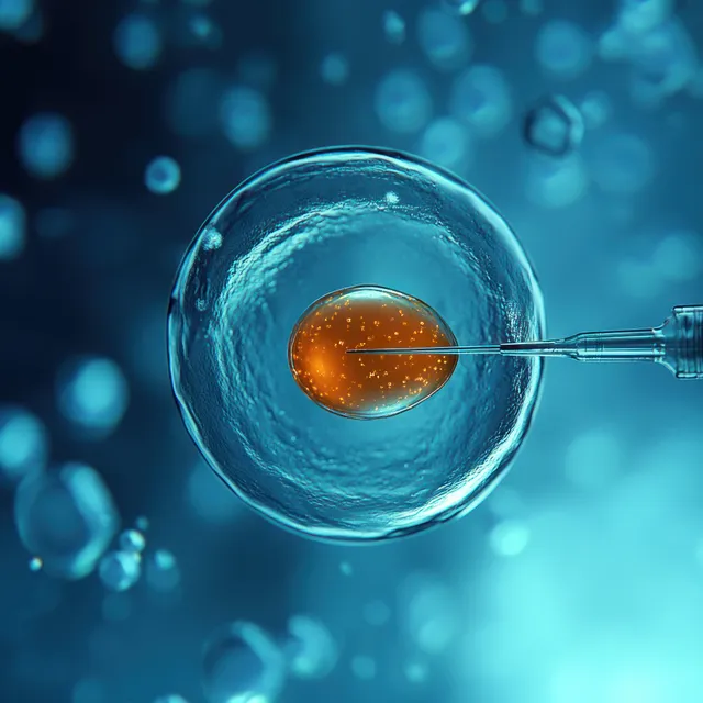 A micro-needle injects a glowing orange droplet into a cell-like sphere in a blue laboratory close-up.