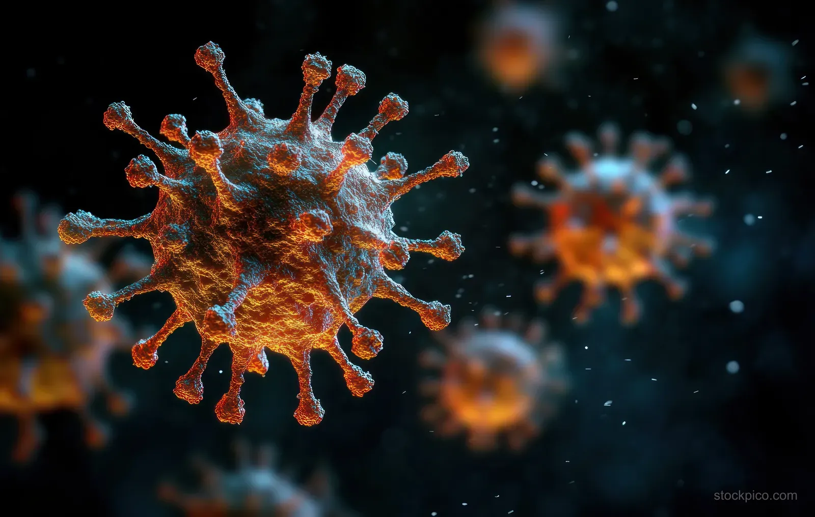 Spiked virus particles float in a dark scene under orange and blue glow with blurred viruses behind them.