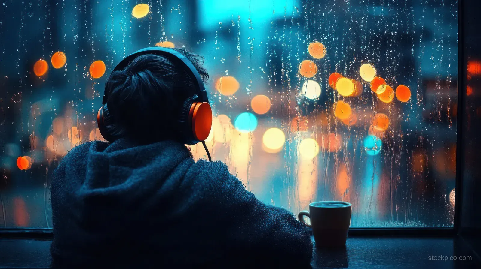 A person in headphones sits by a rainy window at night with a cup of coffee and blurred city lights outside.