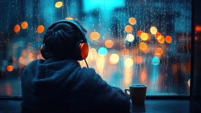 A person in headphones sits by a rainy window at night with a cup of coffee and blurred city lights outside.