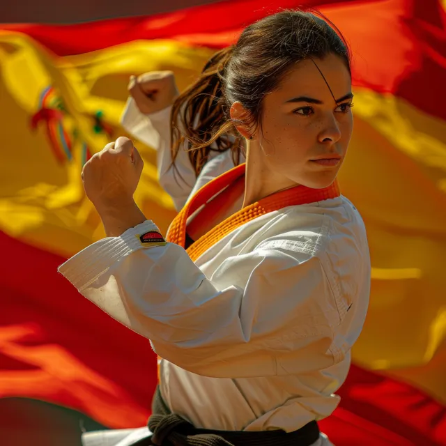 A woman karate athlete performs a kata pose in front of a waving Spanish flag backdrop.