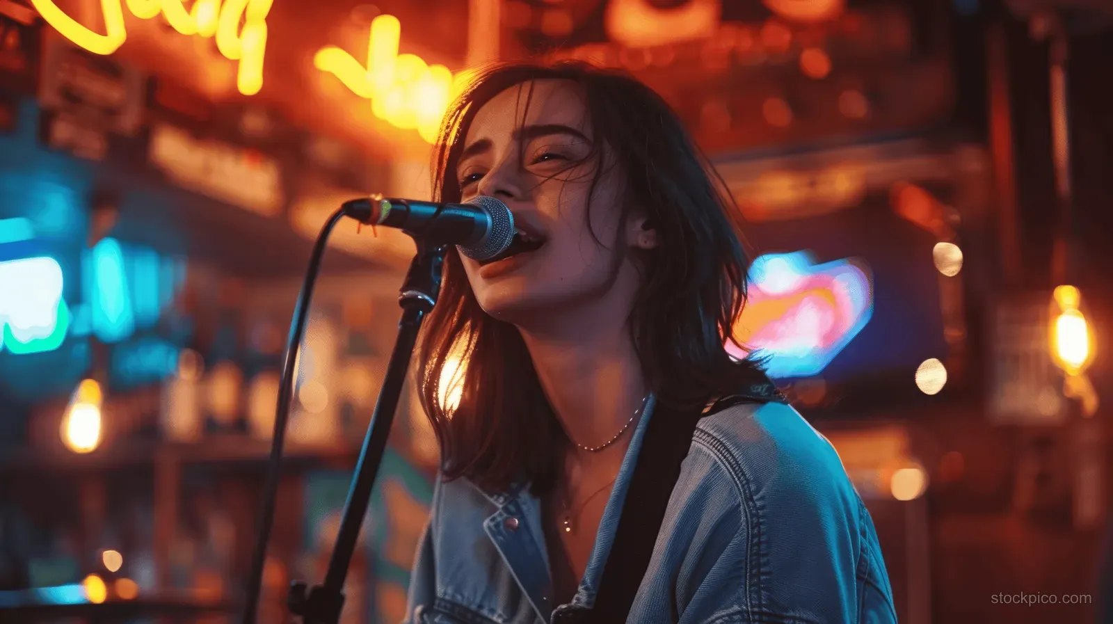 Young woman sings into a microphone on a neon-lit bar karaoke stage at night.