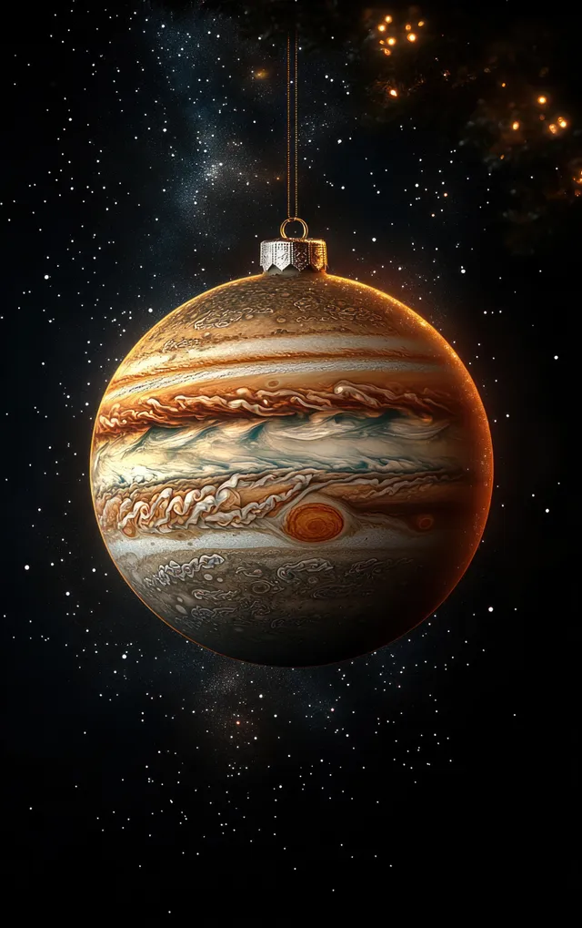 A Jupiter Christmas ornament hangs against a dark starry background.
