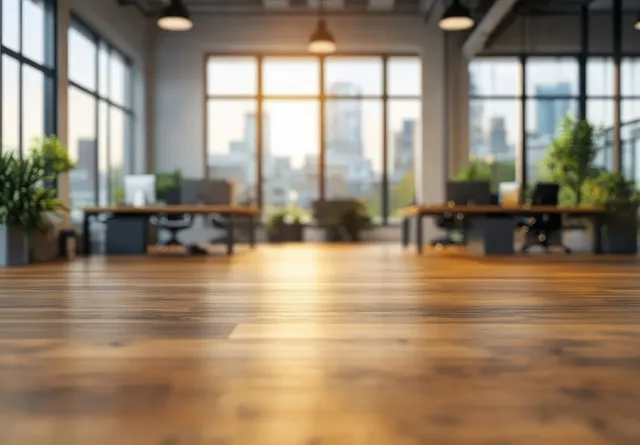 Open office space with wooden flooring, desks, chairs, indoor plants, and sunlit large windows overlooking a city skyline.