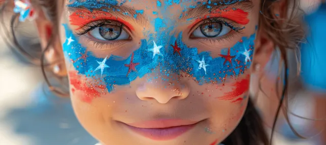 Young girl with blue star and red-white face paint smiling at a sunny summer festival beside her mother.