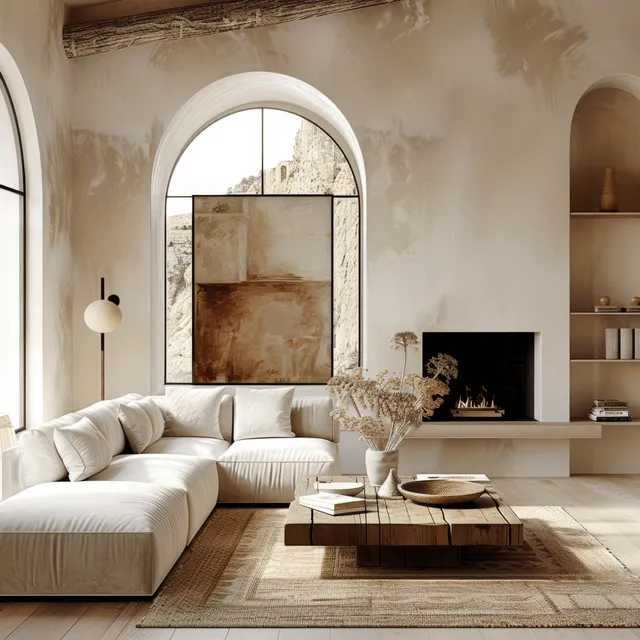 Minimalist living room interior with arched window, white sofa, wooden coffee table, and fireplace against beige walls.