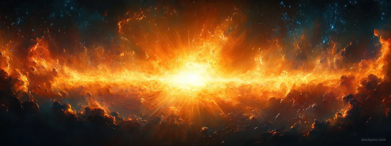 Golden solar flare rays burst across a dark sky, illuminating smoky clouds with a bright sun-like core.