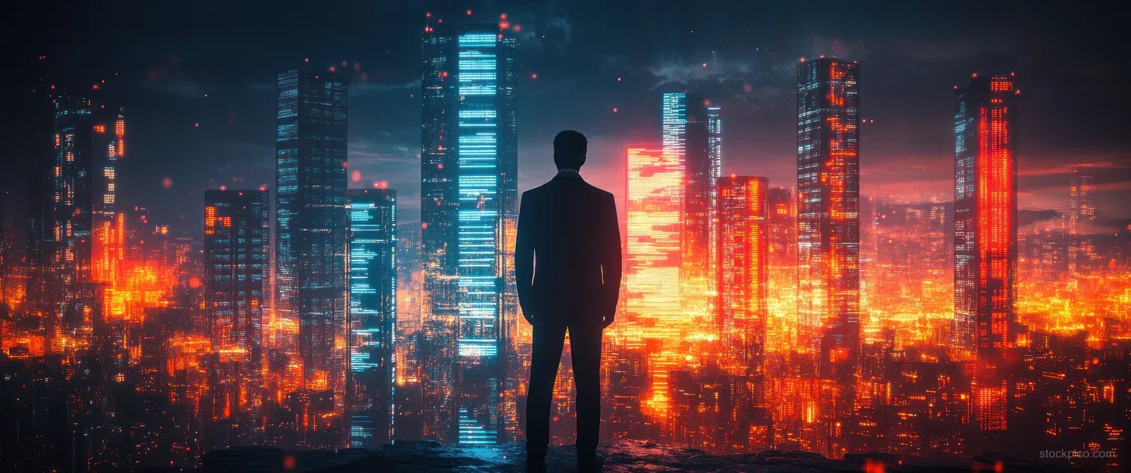 Silhouetted businessman stands before a neon city skyline as red arrows fall, implying a stock market crash.