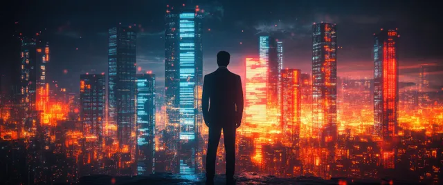 Silhouetted businessman stands before a neon city skyline as red arrows fall, implying a stock market crash.