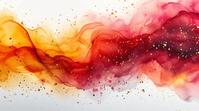 Gold and red watercolor ink waves with speckled splashes and soft cloud-like edges across a light background.