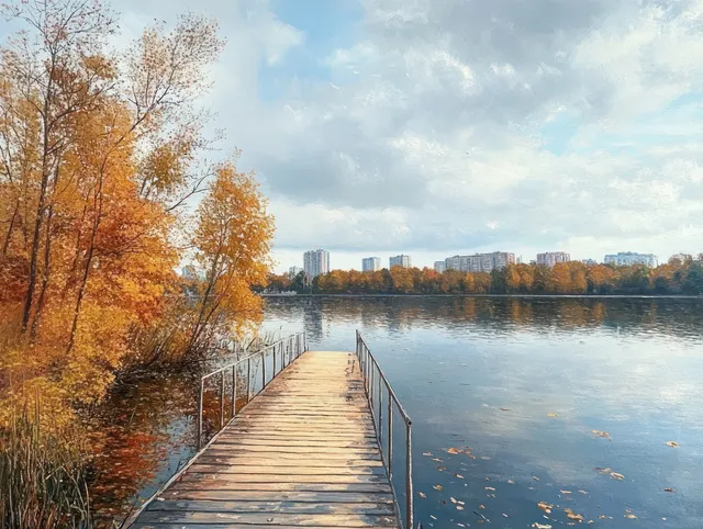 Wooden pier into calm lake framed by autumn trees with golden leaves and skyline