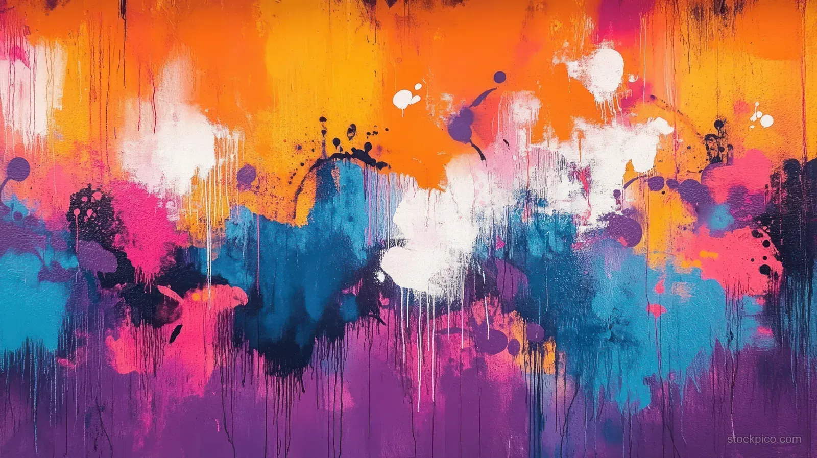 Neon orange, magenta, and cyan graffiti splashes and spray drips cover a rough concrete wall.