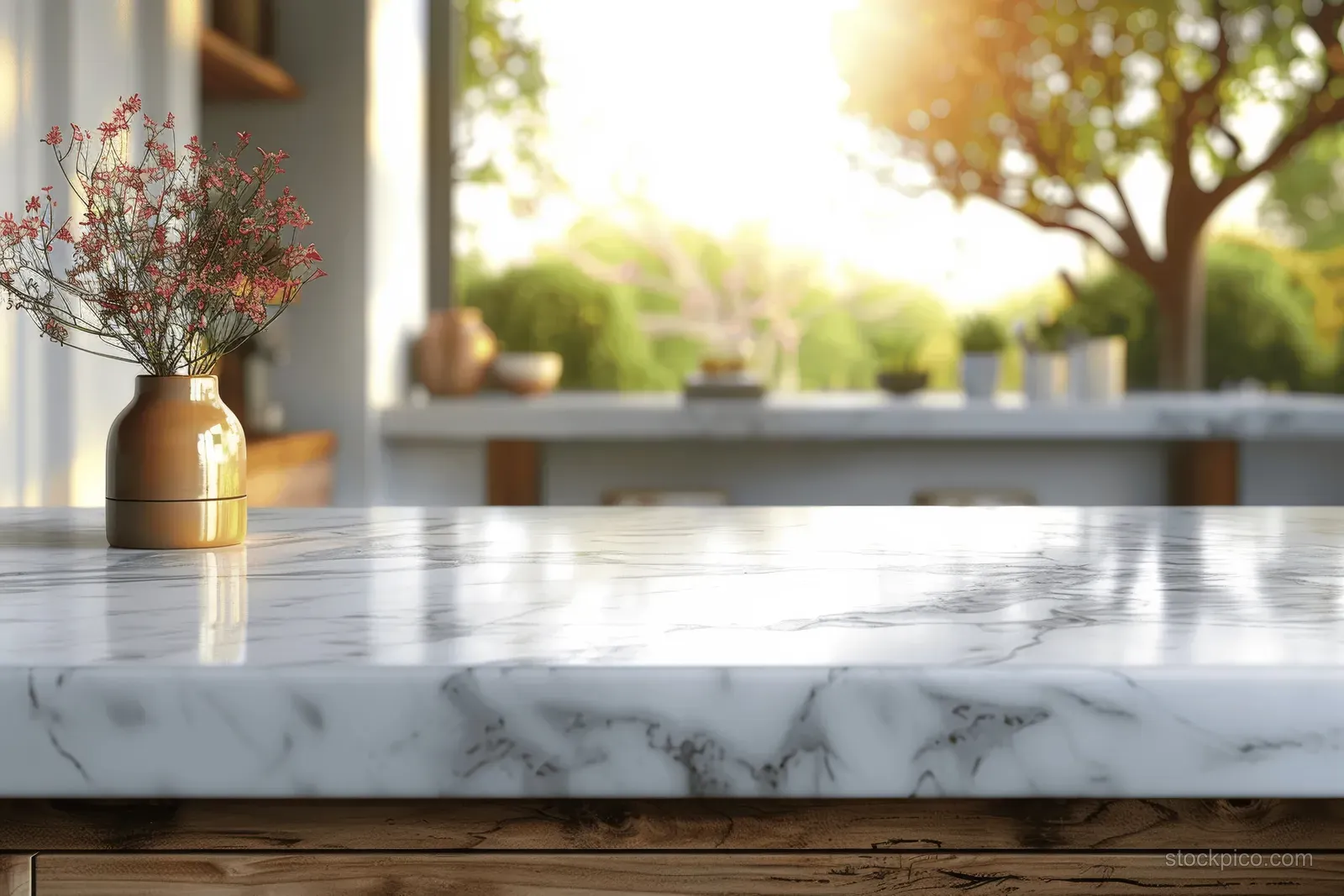 Sunlit white marble kitchen countertop with a small vase and softly blurred greenery outside the window.