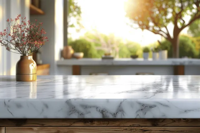 Sunlit white marble kitchen countertop with a small vase and softly blurred greenery outside the window.
