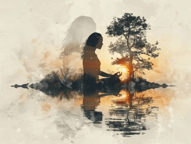 Silhouetted woman meditating in lotus pose with sunset glow reflected on a river through double exposure tree shapes.