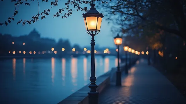 Calm riverside walkway at blue hour with glowing street lamps and mirrored city lights in water