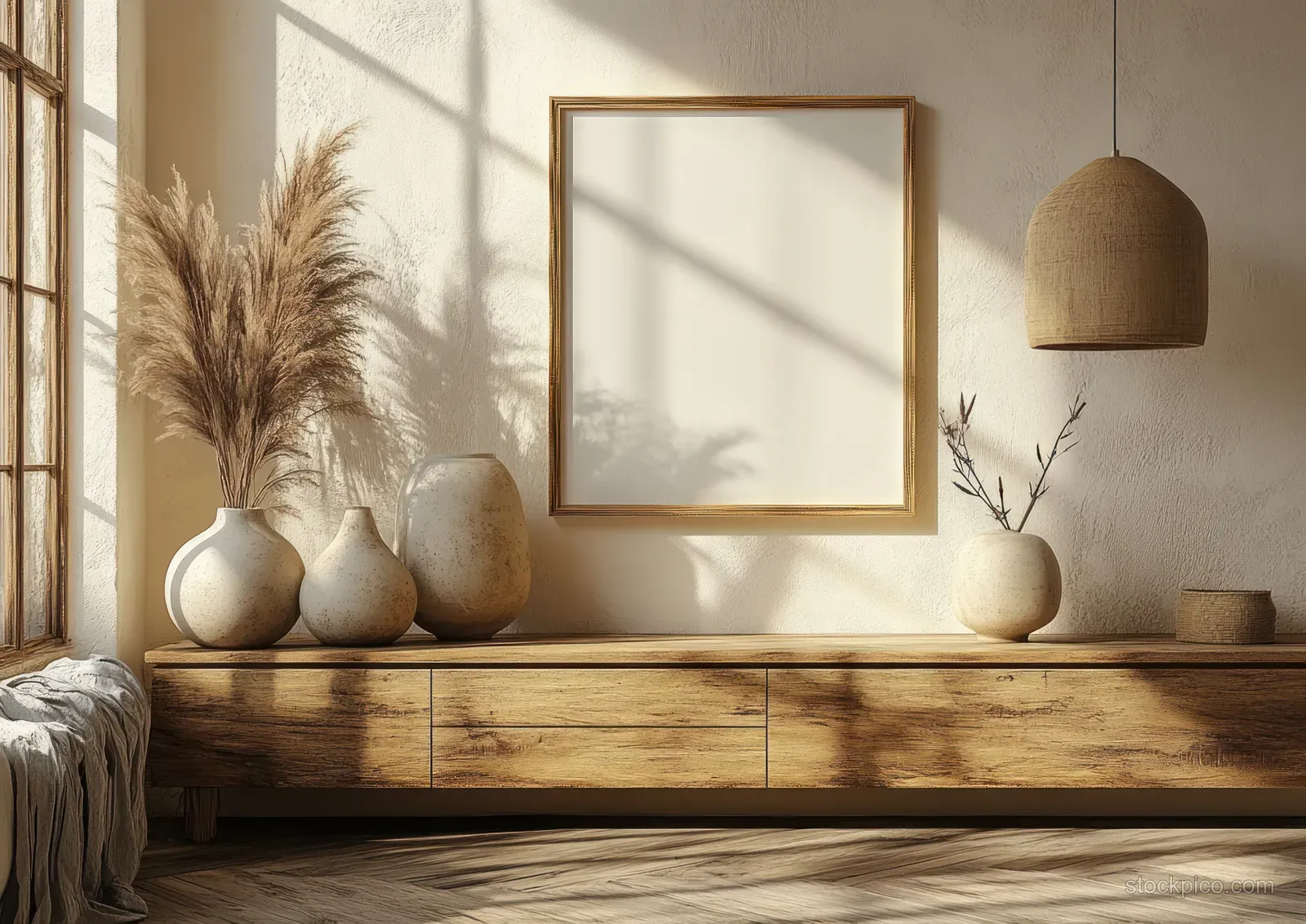 Wooden dresser with gold-framed wall art, ceramic vases, and a hanging lamp creating soft shadows in a minimalist room.