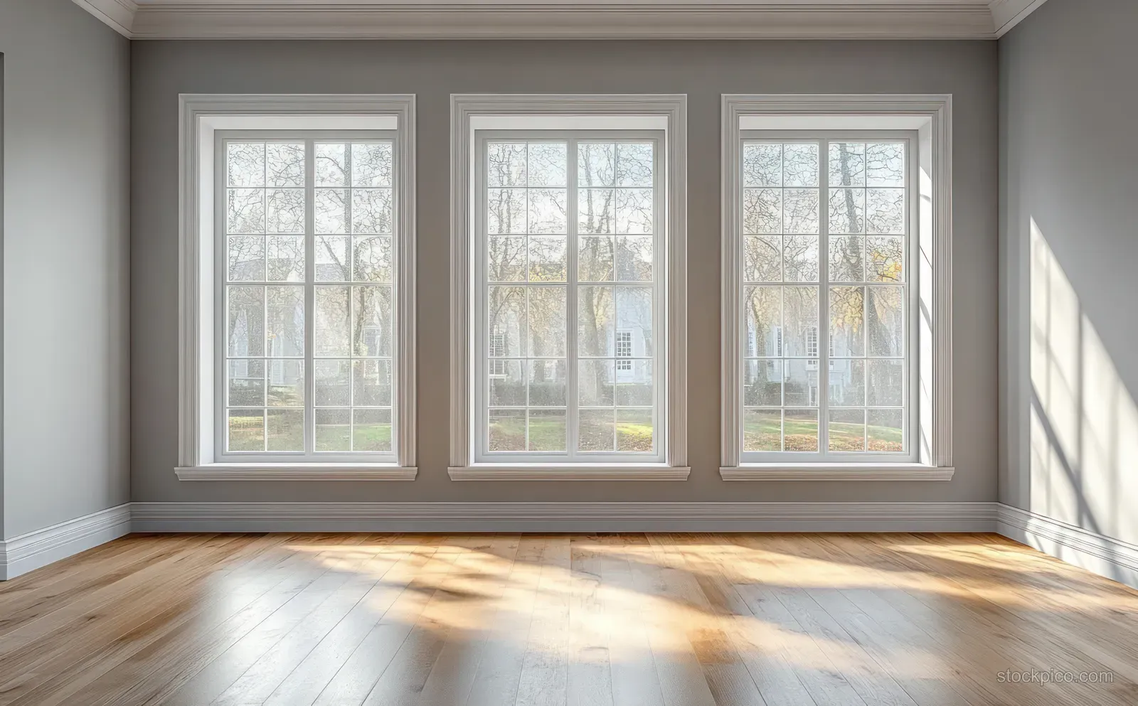 Minimalist living room interior with three large windows, gray walls, and sunlit wooden floor planks.