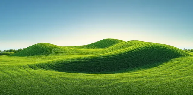 Rolling green hills under a clear blue sky with soft diffused sunlight and gentle shadows