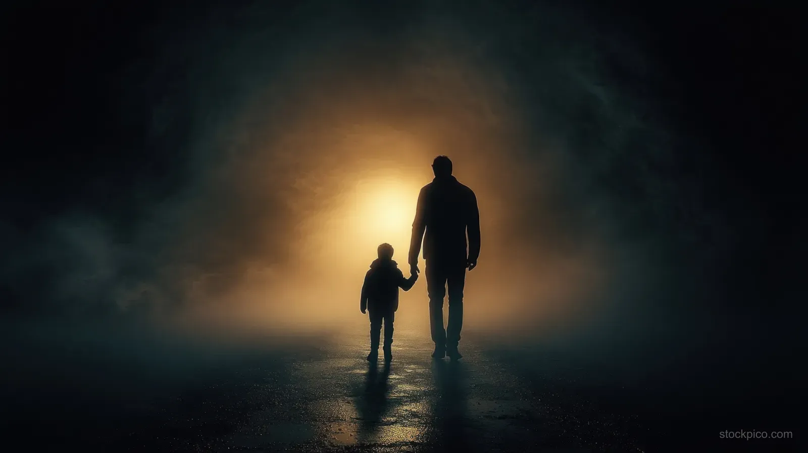 Silhouetted adult and child hold hands and walk forward through mist toward a warm glowing light.