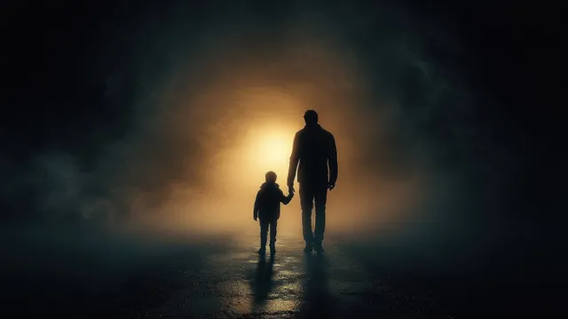 Adult and child hold hands walking through mist toward a warm glowing light
