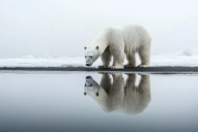 A polar bear stands on snowy ground with its reflection visible in calm icy water under a gray sky.