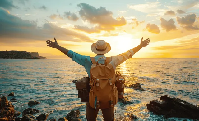 Joyful backpacked traveler stretches arms toward sunrise over ocean waves