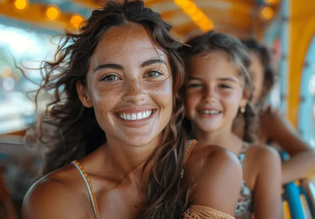 A smiling mother with her daughter on a roller coaster in a sunny amusement park during summer.